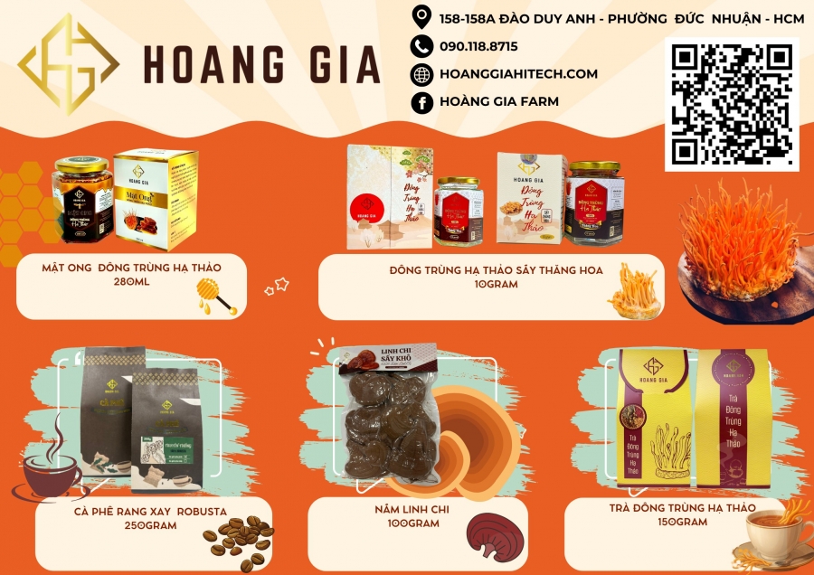 Danh mục sản phẩm Hoàng Gia: mật ong đông trùng hạ thảo, đông trùng hạ thảo sấy thăng hoa, cà phê Robusta, nấm linh chi, trà đông trùng hạ thảo